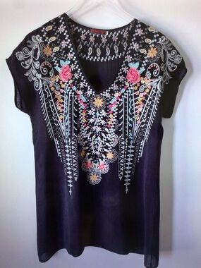 Johnny Was Black Tunic with Pink, Yellow & Teal Floral Embroidery